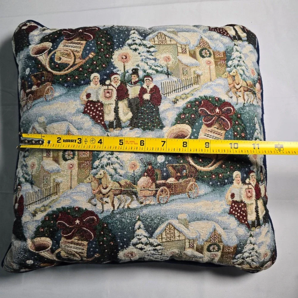 Vintage Riverdale Christmas Tapestry Pillow Victorian Caroler Winter Scene 12x12